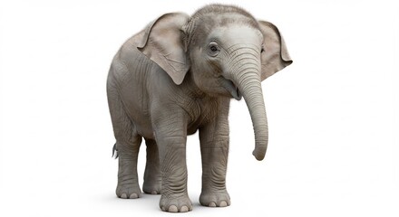 Fototapeta premium Joven elefante gris de pie en estudio con luz difusa resaltando su textura de piel suave y detalles del cuerpo