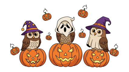 Spooky Owl's Halloween Gathering: Three whimsical owls, adorned in festive attire, perched atop carved pumpkins, ushering in the enchanting spirit of Halloween.