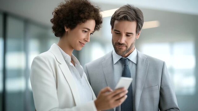 business partners looking at smartphone screen showing revenue spike glowing metrics excitement faint high five slap collaborative energy three quarter wide angle cinematic color