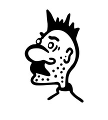 Black and white vector illustration of the head of an old punk with mohawk and mustache on a white isolated background