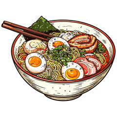 Colorful ramen bowl with rich savory texture and vibrant vegetables symbolizing harmony, strength, and joy 
