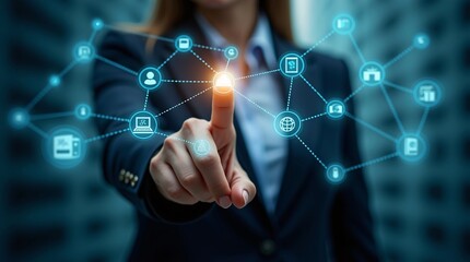 A businesswoman touches a glowing icon, with connected tech symbols around.