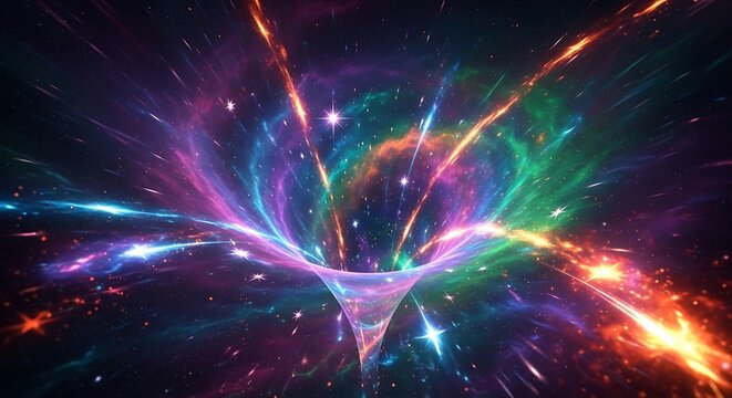 A vibrant cosmic vortex displays swirling nebulae and streaks of light, showcasing a dynamic and colorful space scene.