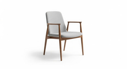 Modern armchair with wooden frame and light upholstery isolated on white