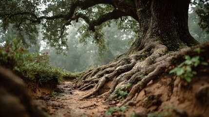 Obraz premium A majestic old oak tree, with its tangled roots sprawling across the earthy path, creates a captivating scene in the tranquil and misty woodland landscape.