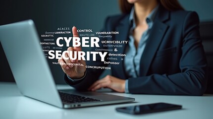A woman interacts with a laptop, with "CYBER SECURITY" and related terms displayed.