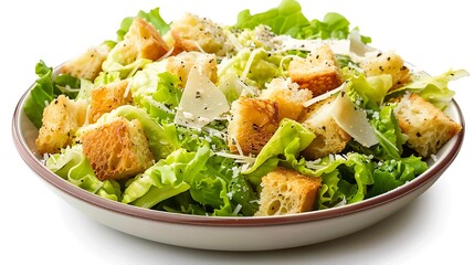 A bowl of caesar salad featuring romaine lettuce croutons and parmesan cheese on a white background