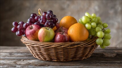 ultra realistic photo of fresh fruits in wicker basket, apples, grapes, oranges, placed on rustic wooden table with soft daylight, , real photography