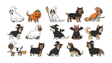 Fototapeta premium Halloween Costume Dogs: A captivating collection of adorable dogs, each donned in creative Halloween costumes, creating a whimsical and festive display. 