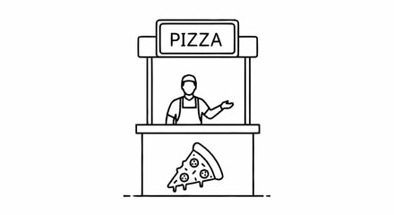 Fototapeta premium Friendly pizza vendor invites customers to delicious slice at vibrant street food stall