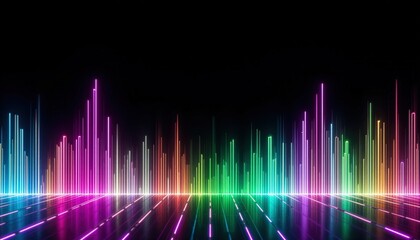 Vibrant neon equalizer glowing brightly on reflective surface, perfect for modern technology, music, or futuristic designs and visuals for events