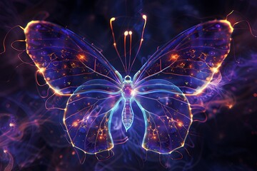Luminous Butterfly: Digital Art with Neon Outline and Dreamy Atmosphere