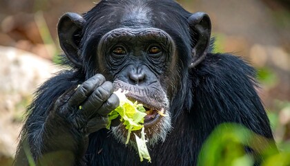 Close-up of a chimpanzee eating greens