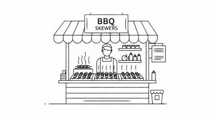 Skilled vendor prepares delicious BBQ skewers at a vibrant street food stall, capturing the essence of outdoor dining and culinary delight.