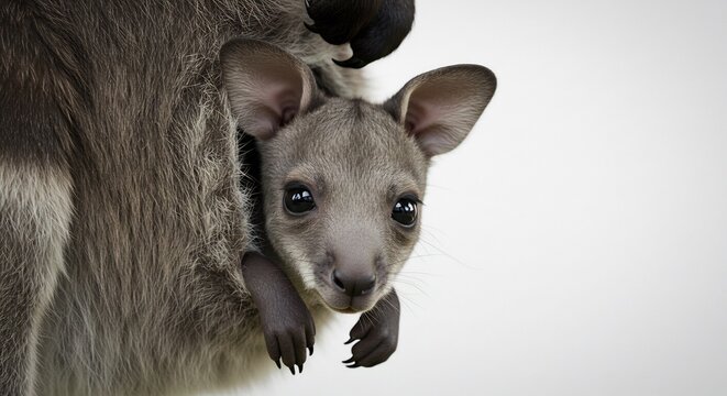 Tierna cr&iacute;a de canguro asoma curiosamente del marsupio de su madre la luz suave realza su dulzura
