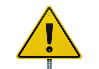 Yellow triangular warning sign with exclamation mark isolated on transparent background, general hazard symbol for safety and caution PNG