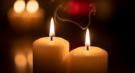 Two Warm White Candles Burning with Smoke Rising in Dim Atmosphere