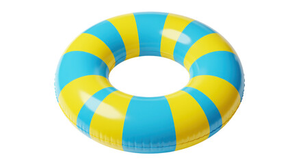 Obraz premium Blue and yellow striped inflatable swim ring isolated, summer vacation safety equipment for pool fun and water activities