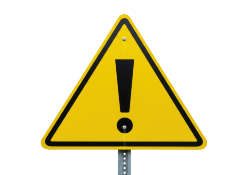 Yellow triangular warning sign with exclamation mark isolated on transparent background, general hazard symbol for safety and caution PNG
