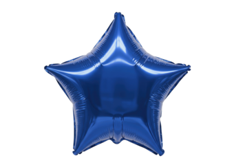 Shiny blue star balloon isolated on transparent background, festive party decoration for birthday celebration and special events