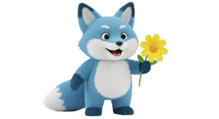 Cute blue fox holding a yellow flower isolated on transparent background, cartoon animal character in PNG format