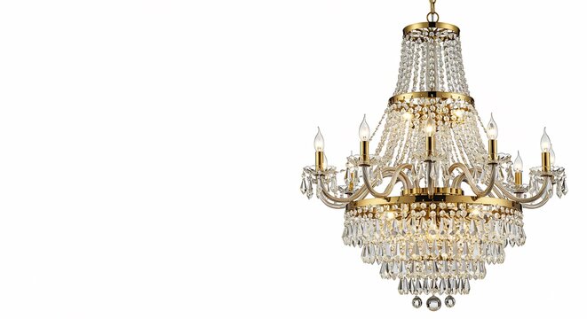 Majestuosa ara&ntilde;a de cristal y oro colgante ilumina con esplendor creando un brillo suntuoso y elegante