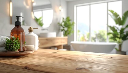 Wooden table in foreground with bathroom vanity, bathtub, and plants in background
