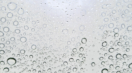 Raindrops on glass close-up. Black and white monochrome. Selective focus