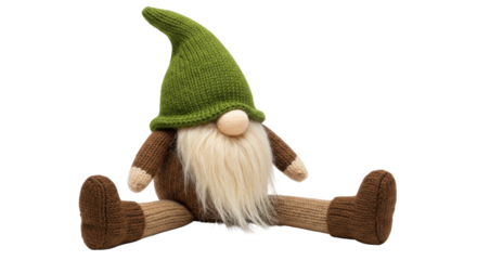 Knitted gnome doll isolated on transparent background, cute Christmas decoration with green hat and long beard