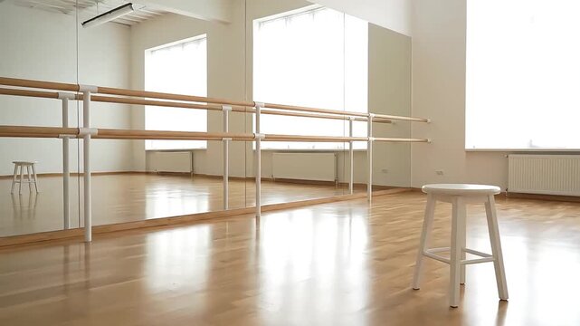 Bright Spacious Dance Studio with Ballet Barre Large Mirrors and Shiny Wooden Floor Empty Modern Interior Perfect for Practice Rehearsal and Fitness Training Ba
