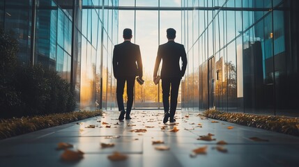 Two Businessmen in Suits Walking Away Down a Glass Corridor Towards a Bright Autumn Sun
