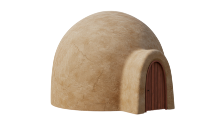 Desert dwelling isolated on transparent background, adobe house with wooden door, arid climate architecture, earthen building, PNG