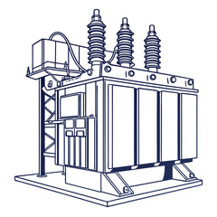 Naklejka premium Detailed line art illustration of a large electrical power transformer with insulators and cooling fins on a white background