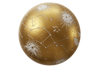 Golden sphere with celestial patterns isolated on transparent background, astrology and astronomy themed design element for magical projects