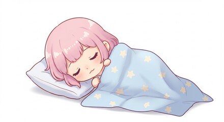 Adorable niña chibi con pelo rosa duerme tranquilamente bajo una manta azul con estrellas sintiendo una paz profunda