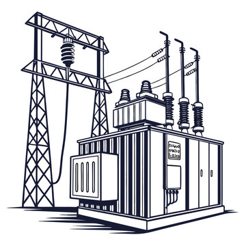 Detailed illustration of an electrical substation transformer with power lines and transmission tower against a white background