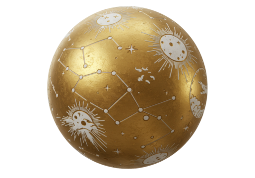 Golden sphere with celestial patterns isolated on transparent background, astrology and astronomy themed design element for magical projects