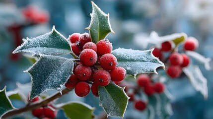Close-up of holly branch with frosted leaves and bright red berries outdoors. Symbol of Christmas and New Year decoration
