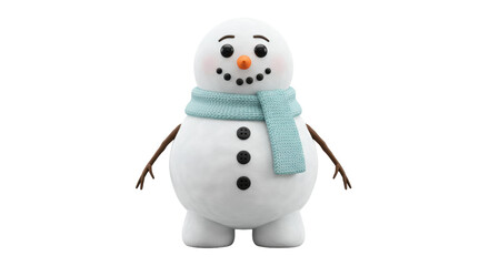 Cheerful snowman with blue scarf isolated PNG, cute winter character for holiday design and decoration on transparent background