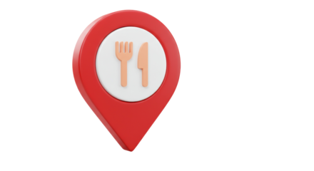 Red location pin with fork and knife isolated PNG, restaurant or food delivery service icon on transparent background