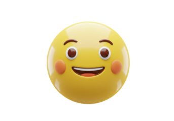 Smiling yellow emoji PNG isolated on transparent background, happy face emoticon with rosy cheeks for social media and design use