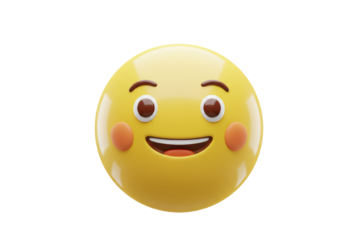 Smiling yellow emoji PNG isolated on transparent background, happy face emoticon with rosy cheeks for social media and design use - Powered by Adobe