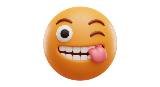 Winking face emoji with tongue out isolated on transparent background, playful emoticon in PNG format