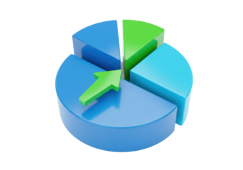 3D pie chart with green arrow isolated on transparent background, business growth and market share analysis concept