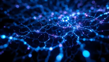 Conceptual glowing neuron network with blue and purple lights, artificial intelligence, science