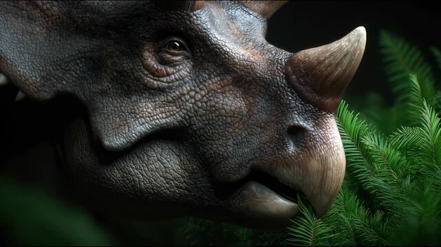 Close-up of a Triceratops dinosaur head among green ferns. The dinosaur has three prominent horns and a textured skin surface.