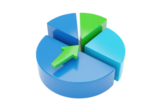 3D pie chart with green arrow isolated on transparent background, business growth and market share analysis concept