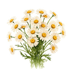 Watercolor bouquet of daisies with yellow centers and green foliage isolated on white background