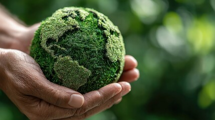 Holding a green globe made of moss and grass to symbolize environmental awareness and sustainability in nature conservation efforts