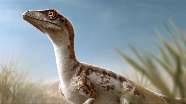A close-up of a small dinosaur with a slender body and a long tail. The dinosaur has a light brown and white pattern on its skin, surrounded by green grass and a blue sky.